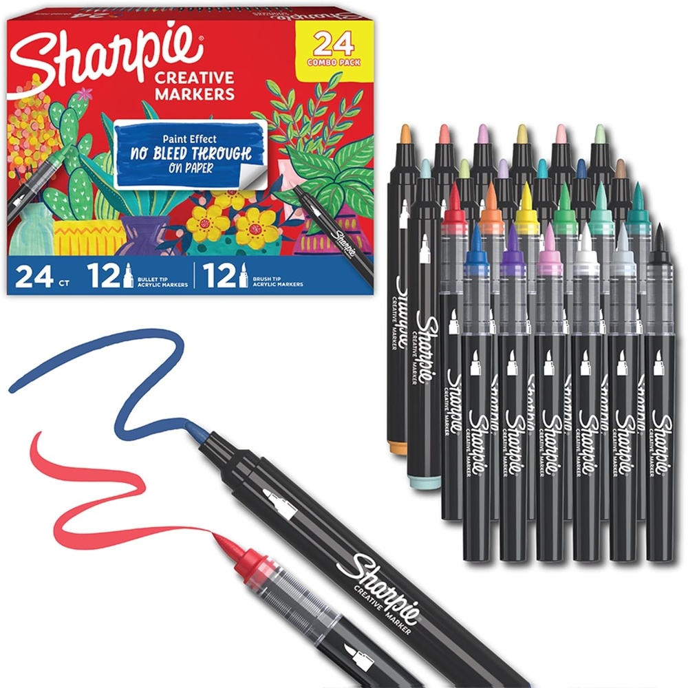 image:imageSharpie Creative Markers Combo Pack WaterBased Acrylic Bullet amp Brush Tips Assorted Colors Including Earth Tones 24 Count Works on Paper Metal Wood Ceramic Glass Rock Canvas