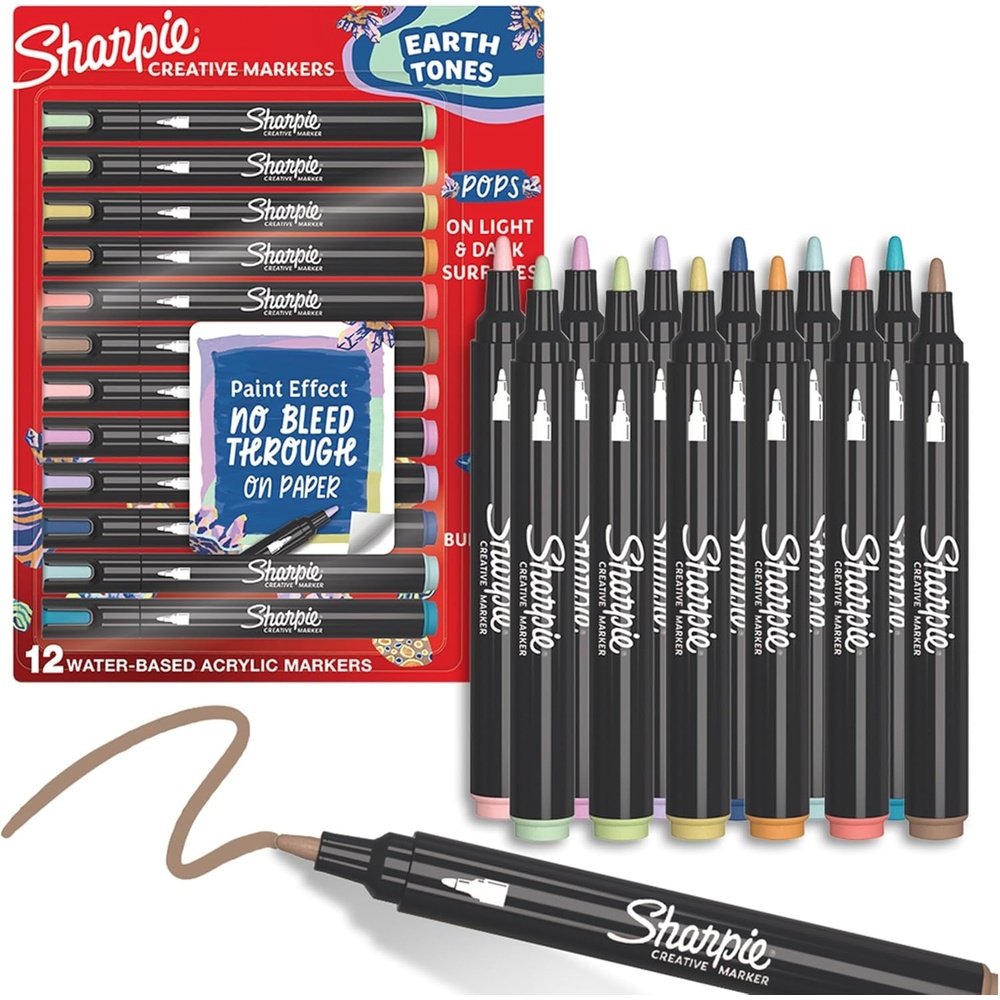 image:imageSharpie Creative Markers Earth Tones WaterBased Acrylic Bullet Tip 12 Count Arts amp Crafts School Classroom Works on Paper Metal Wood Ceramic Glass Rock CanvasEarth Tones