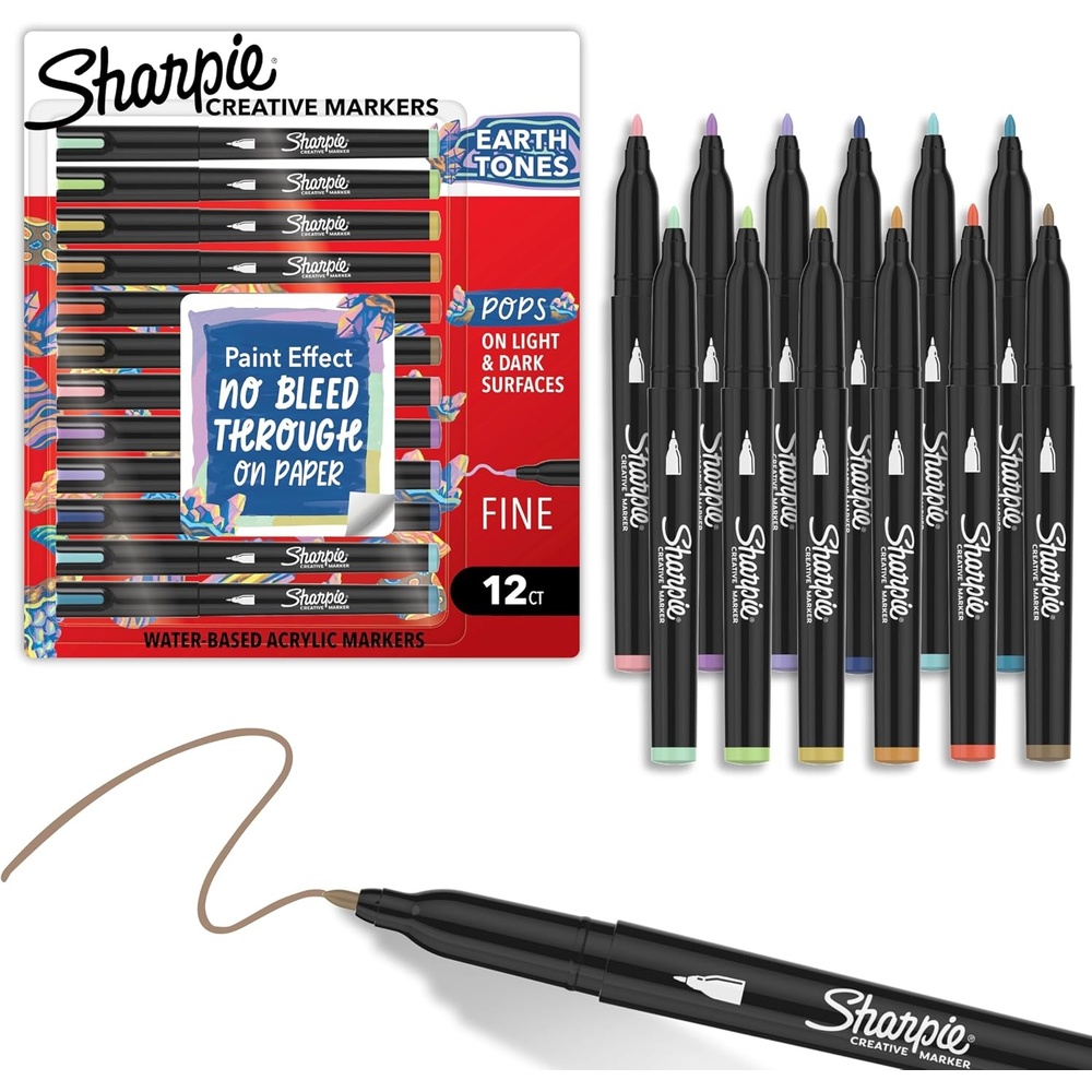 image:imageSharpie Creative Markers Earth Tones WaterBased Acrylic Bullet Tip 12 Count Arts amp Crafts School Classroom Works on Paper Metal Wood Ceramic Glass Rock CanvasAssorted
