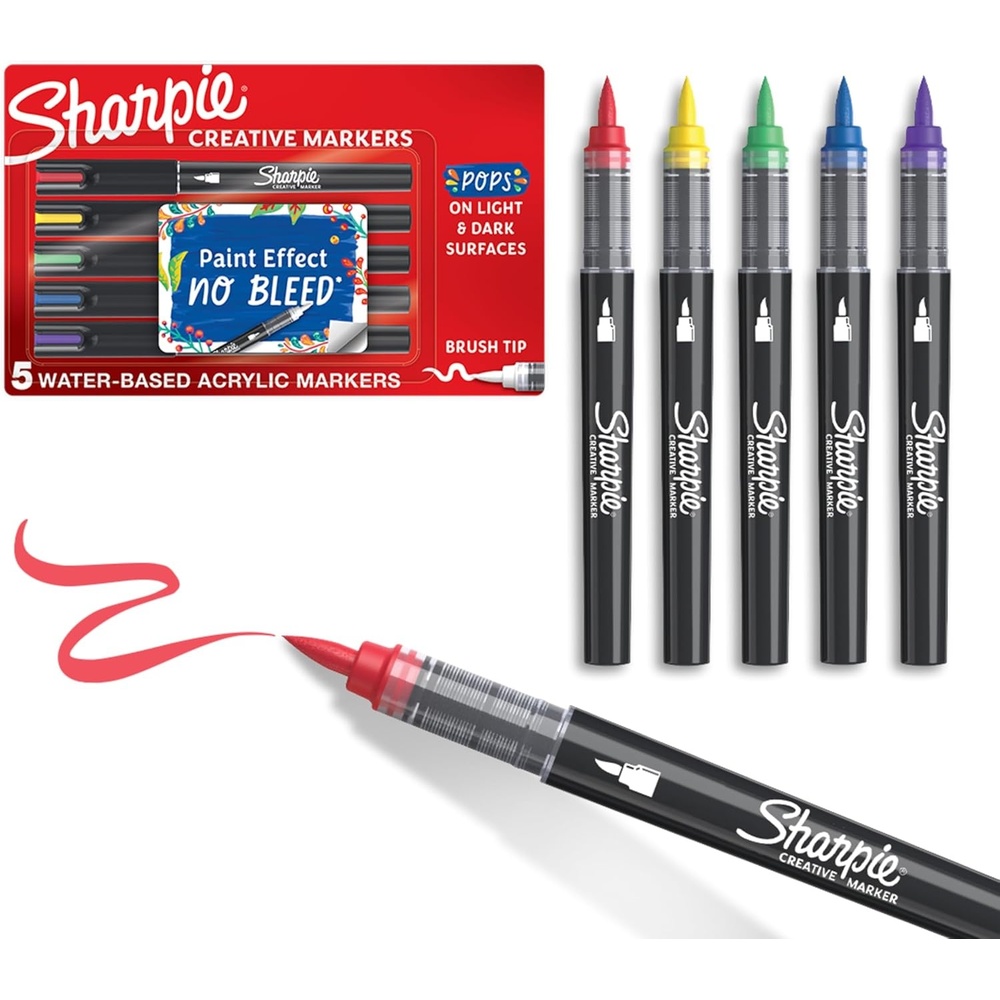 image:imageSharpie Creative Markers WaterBased Acrylic Brush Tip Assorted Colors 12 Count Arts amp Crafts Kids Activity School Classroom Works on Paper Metal Wood Ceramic Glass Rock CanvasBrush Tip