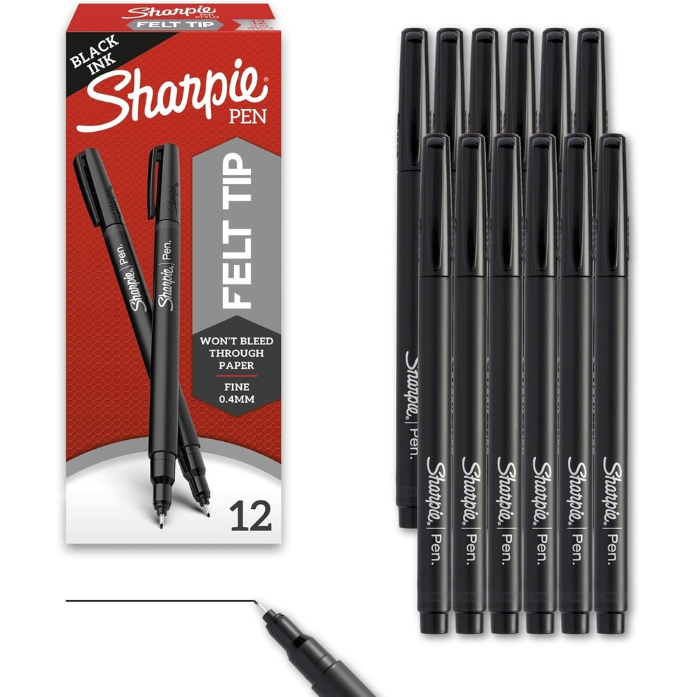 image:imageSharpie Felt Tip Pens Fine Point 04mm Felt Tip Markers Black 12 Count Journaling Art Drawing Teacher Back to SchoolBlack
