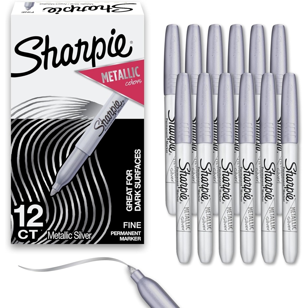 image:imageSharpie Metallic Permanent Markers Fine Tip Silver 12 Count For Black Paper or Dark Surfaces Arts amp Crafts Posters Classroom Supplies