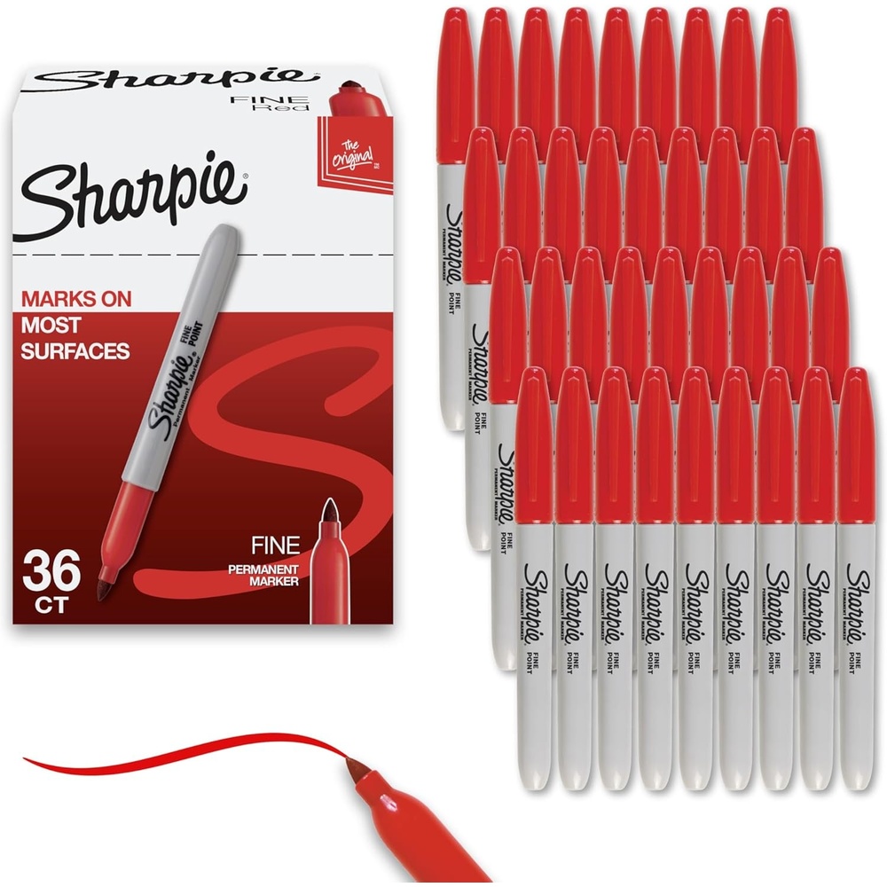 image:imageSharpie Permanent Markers Fine Tip Red 36 Count Marks on Paper Plastic Metal Wood Perfect for Drawing Coloring Posters Home Office SuppliesRed
