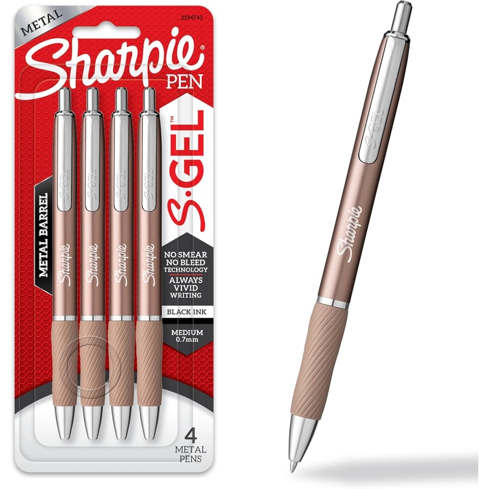 image:imageSharpie SGel Gel Ink Pens Medium Point 07mm Sleek Metal Barrel Champagne Black Ink 4 Count Drawing Journaling Writing School Teacher Supplies