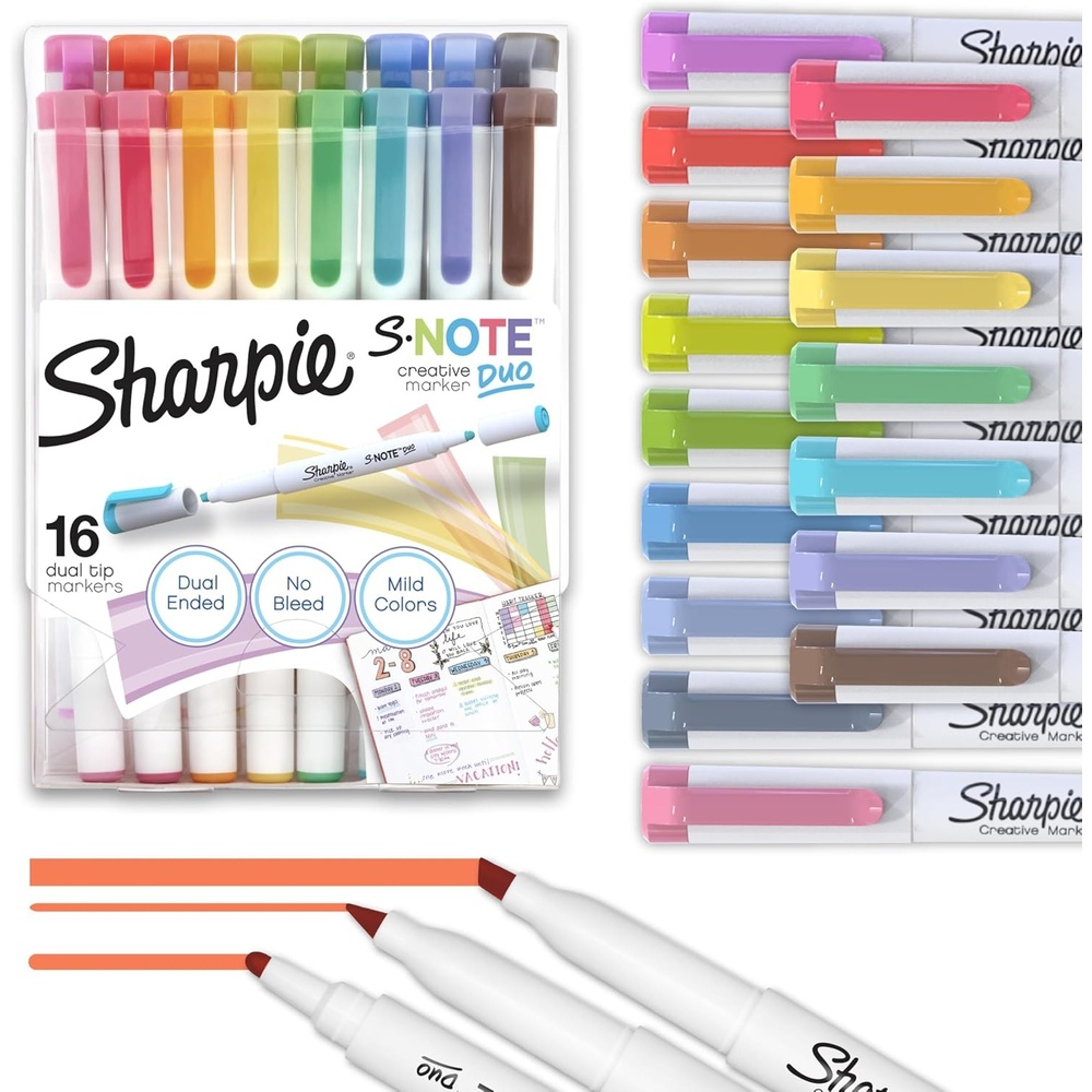 image:imageSharpie SNote Duo DualTip Creative Highlighters Assorted Mild Colors No Bleed Fine and Chisel Tips Includes StandUp Easel 16 CountMarkers