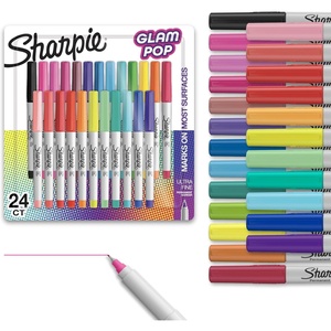 Sharpie Glam Pop Permanent Markers, Ultra Fine Tip Set, Coloring and Drawing, Resilient Ink, Assorted Colors, 24 Count